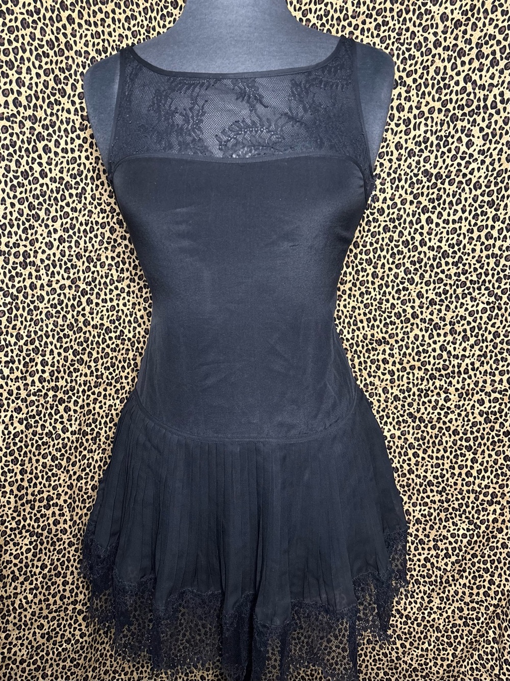 Vintage Bebe Lace Drop-Waist Pleated Mini Dress